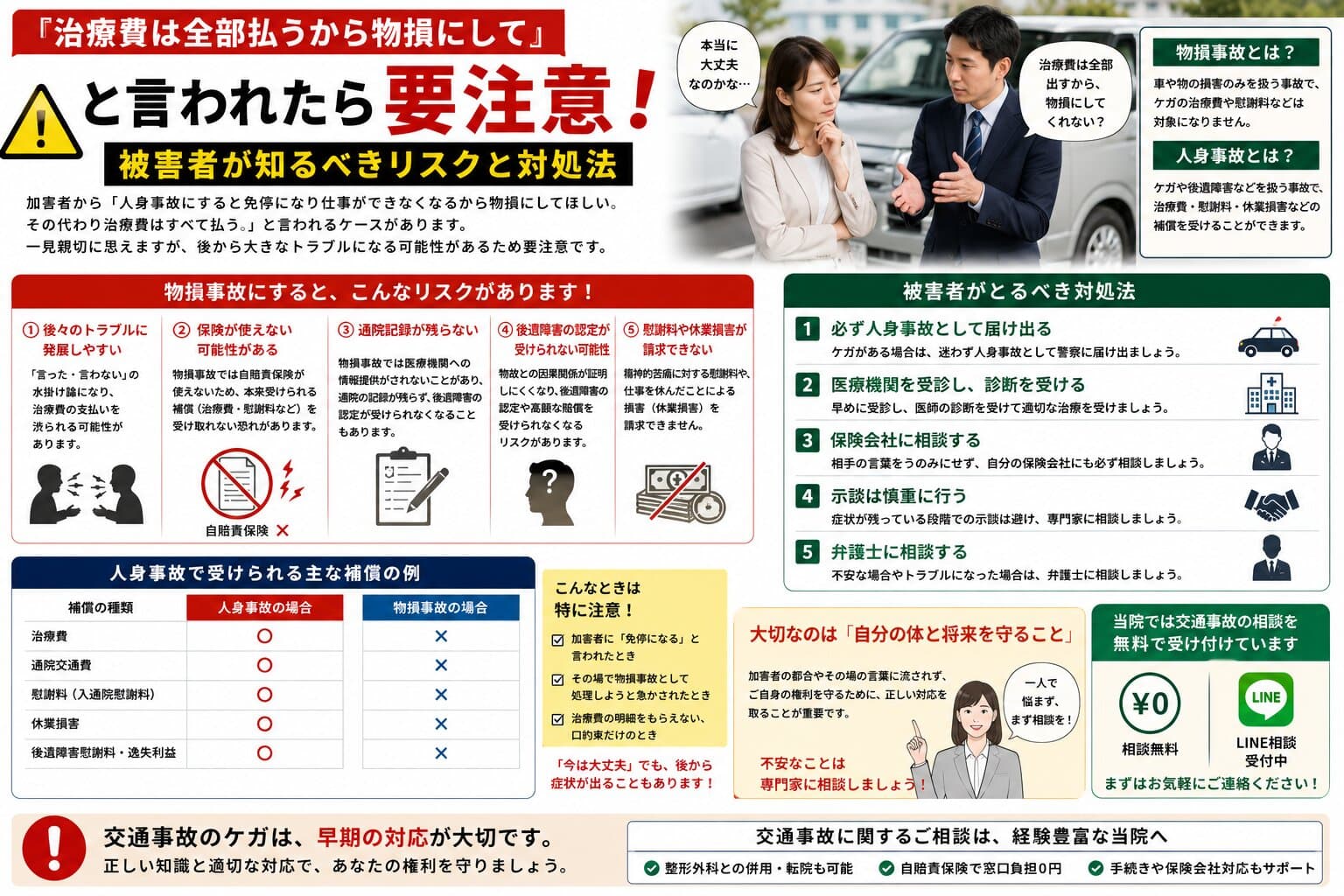 「治療費は全部払うから物損にして」と言われたら要注意！被害者が知るべきリスクと対処法