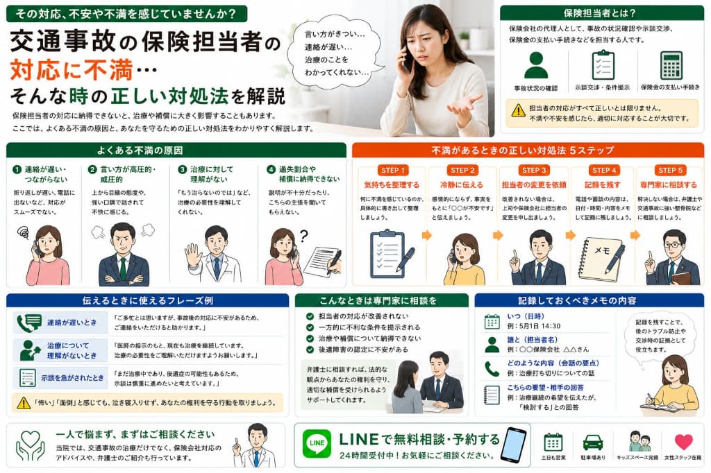 交通事故の保険会社の担当者に不満があるときは？高圧的・治療打ち切りへの対処法を解説