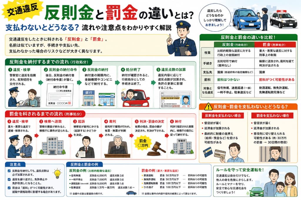 交通違反の反則金と罰金の違いとは？支払わないとどうなる？流れや注意点をわかりやすく解説【2026年版】