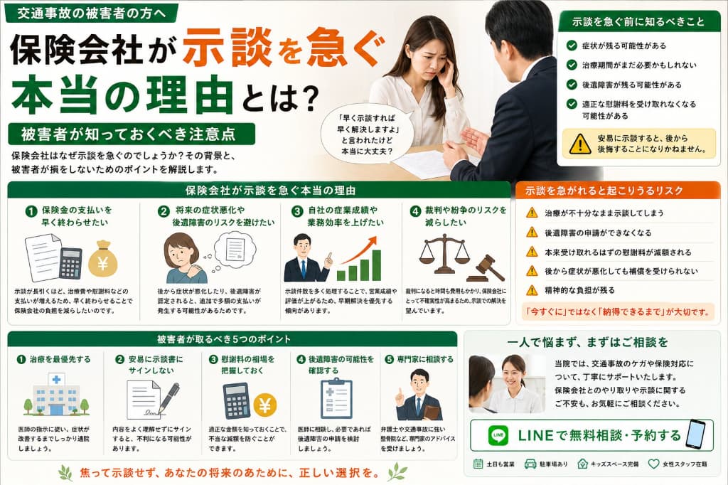 保険会社が示談を急ぐ本当の理由とは？被害者が知っておくべき注意点