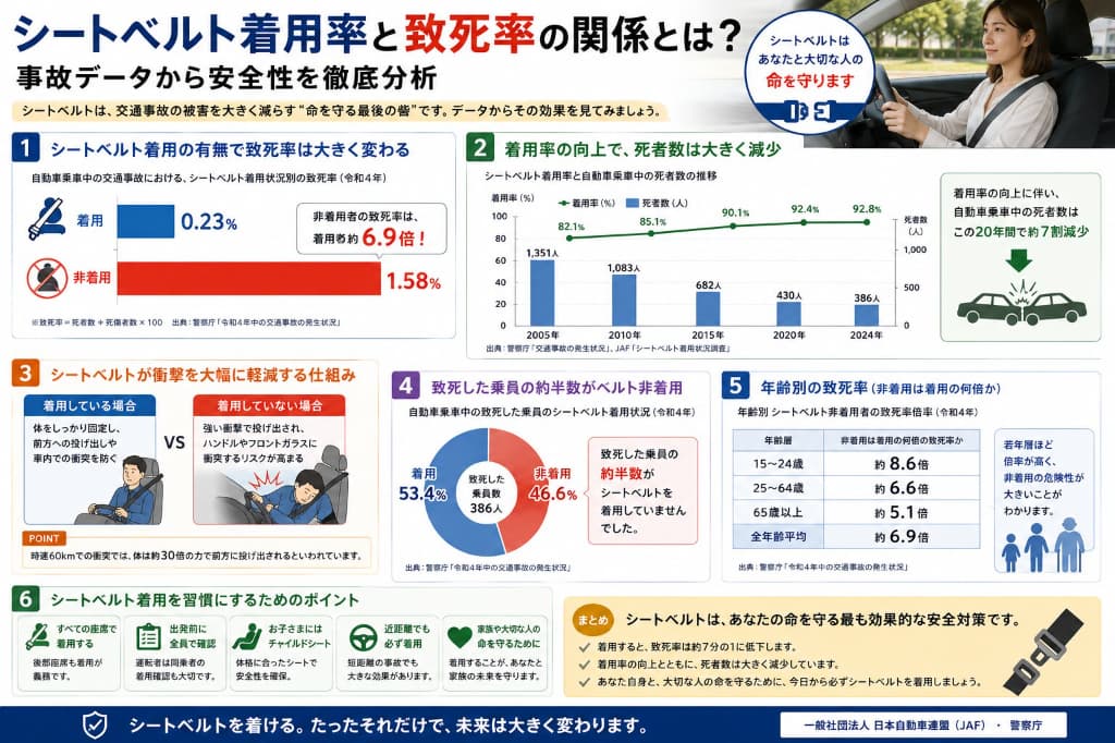 シートベルトをしないと死亡率はどれくらい上がる？後部座席の着用義務・違反点数・事故時の危険性を解説
