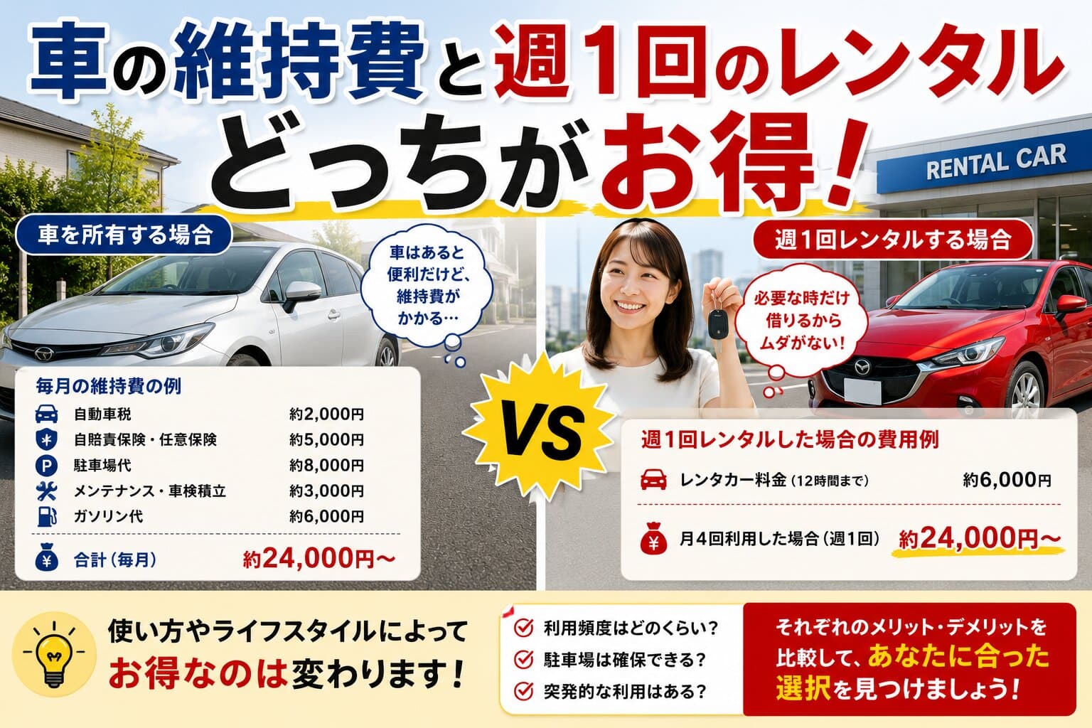 車の維持費と週1回のレンタルはどっちがお得！