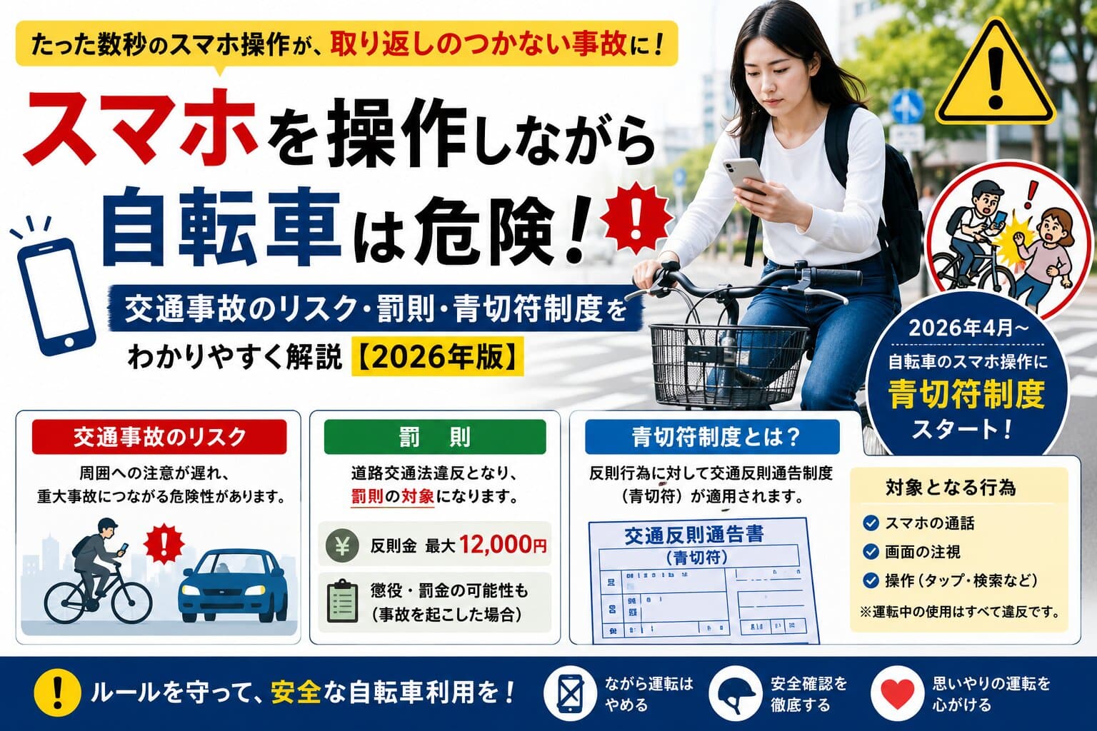 スマホを操作しながら自転車は危険！交通事故のリスク・罰則・青切符制度をわかりやすく解説【2026年版】