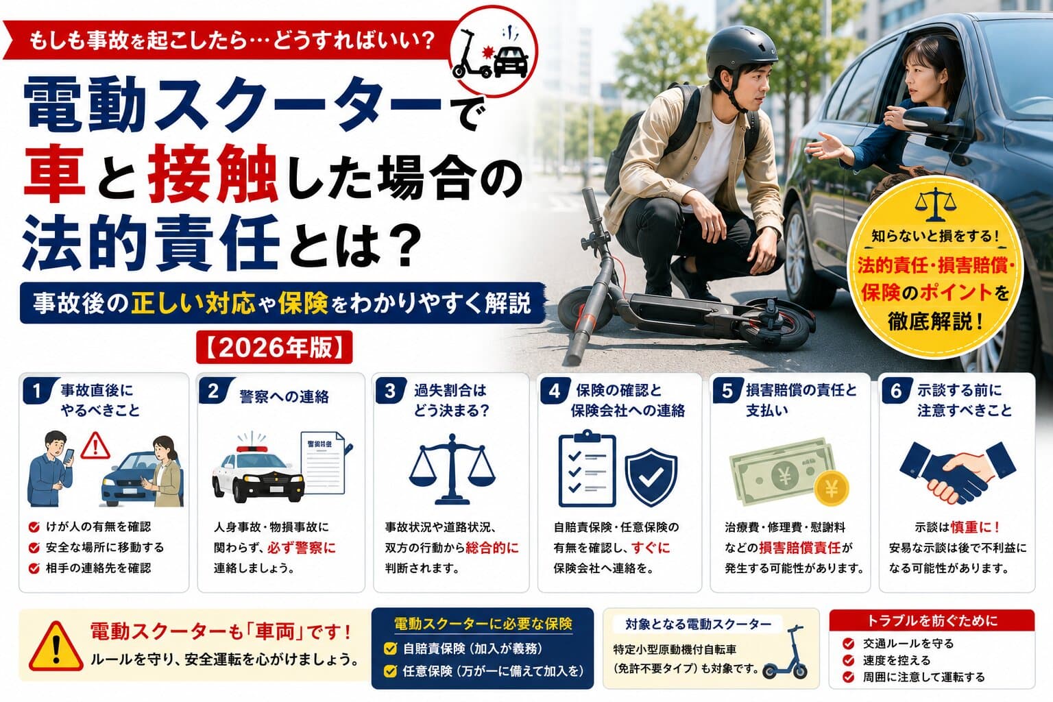 電動スクーターで車と接触した場合の法的責任とは？事故後の正しい対応や保険をわかりやすく解説【2026年版】