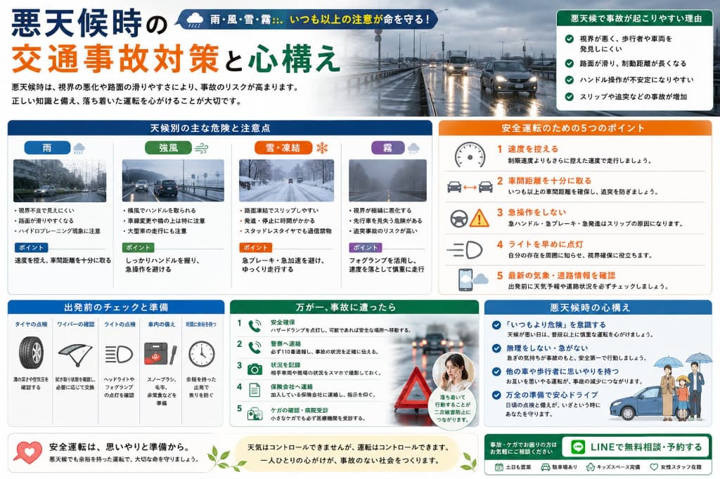 悪天候時は交通事故に注意！雨・強風・雪で事故を防ぐ運転方法を解説