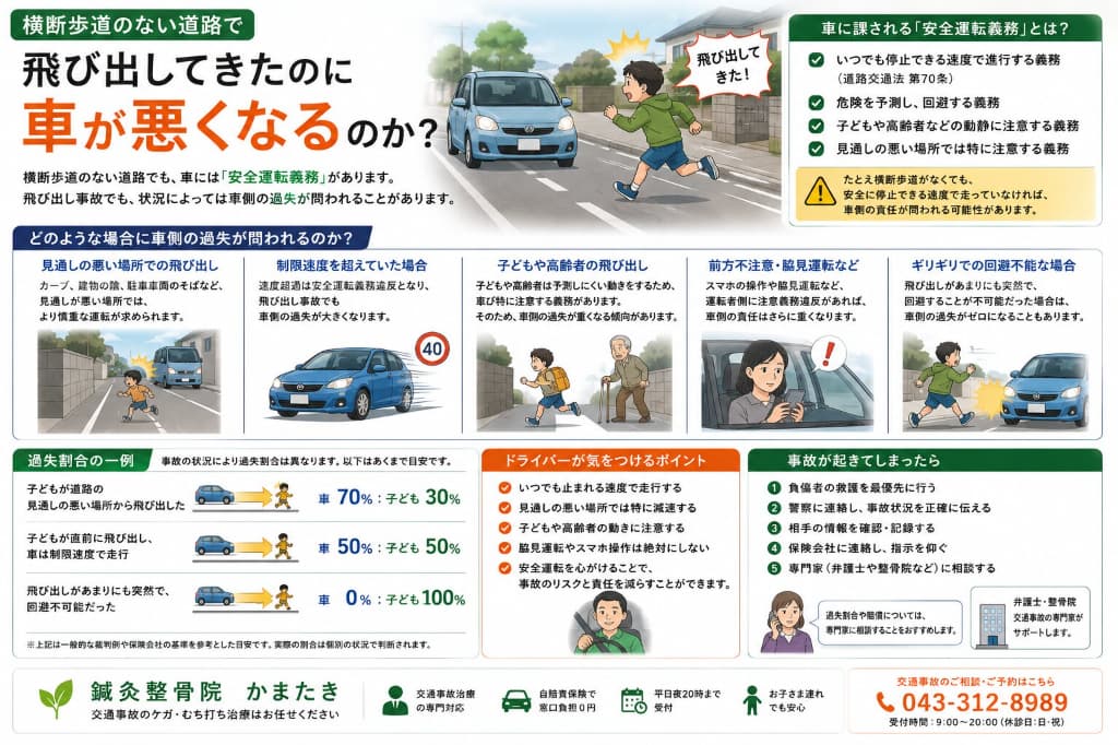 横断歩道のない道路で歩行者が飛び出した事故｜車が悪い？過失割合と責任を解説