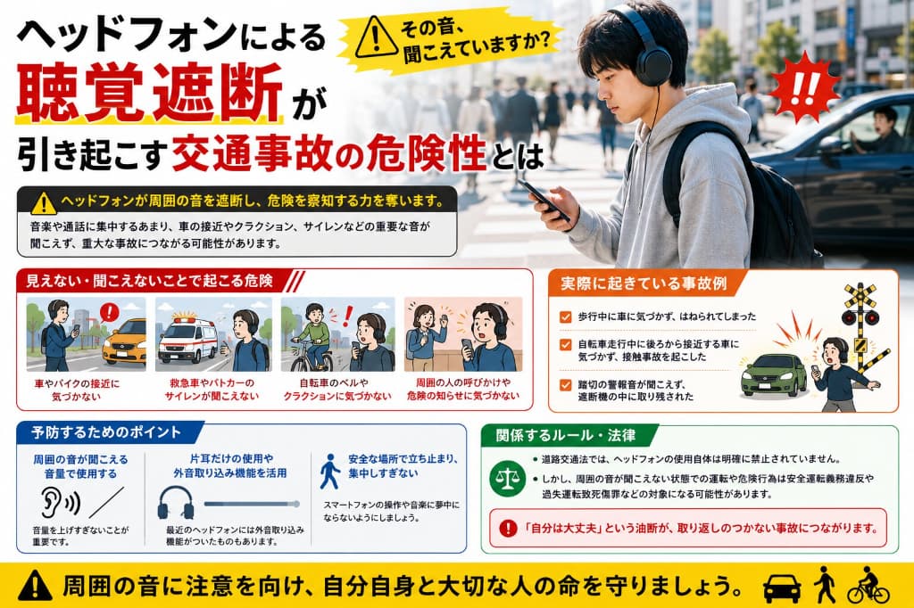 イヤホン・ヘッドフォンをしながら歩くと危険？交通事故のリスクと過失割合を解説