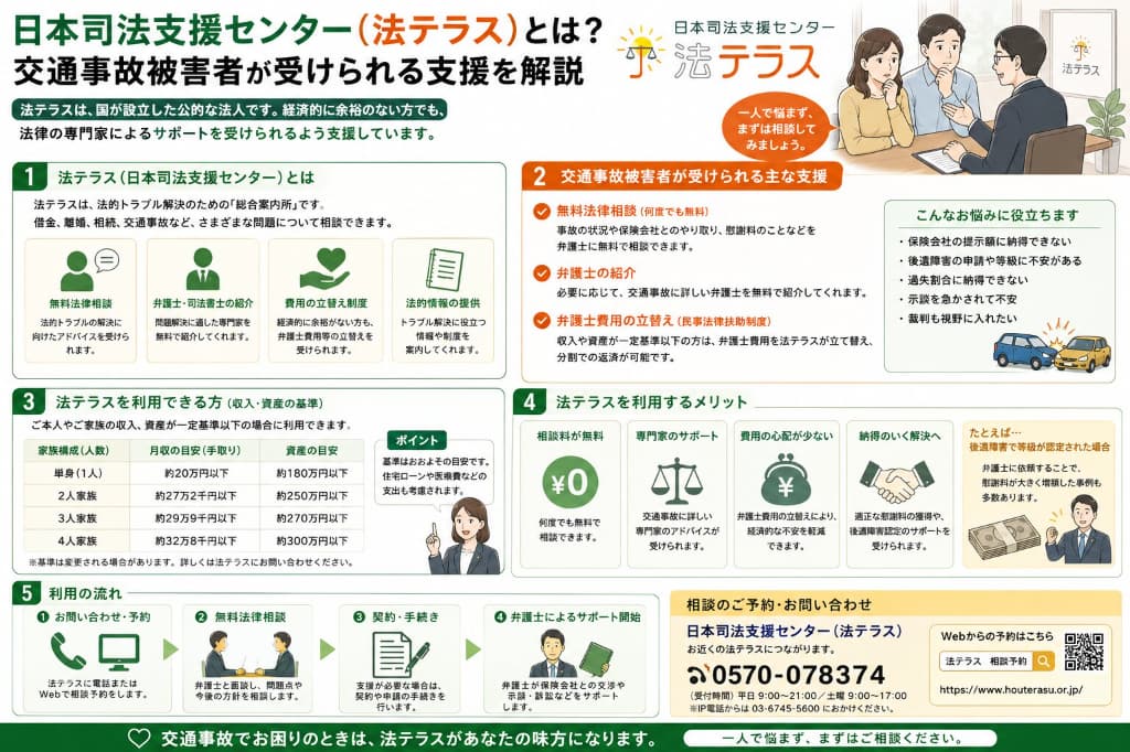 交通事故で法テラスは利用できる？無料法律相談・弁護士費用の立替えと相談先を解説