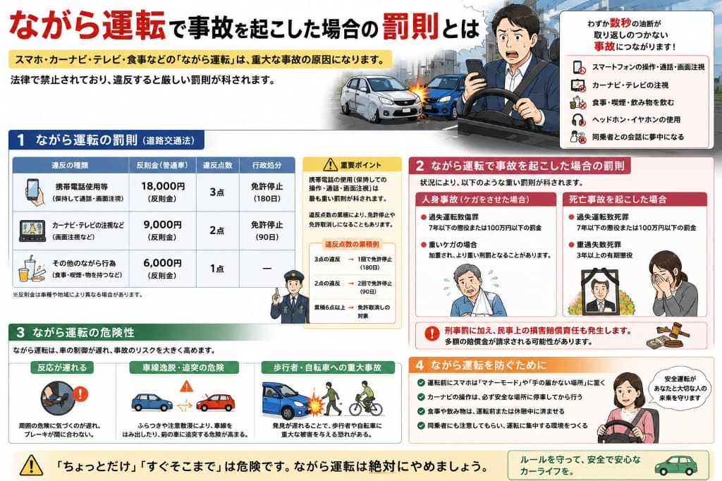 運転中のスマホはどんな事故につながる？ながらスマホの交通違反・罰則・危険性を解説