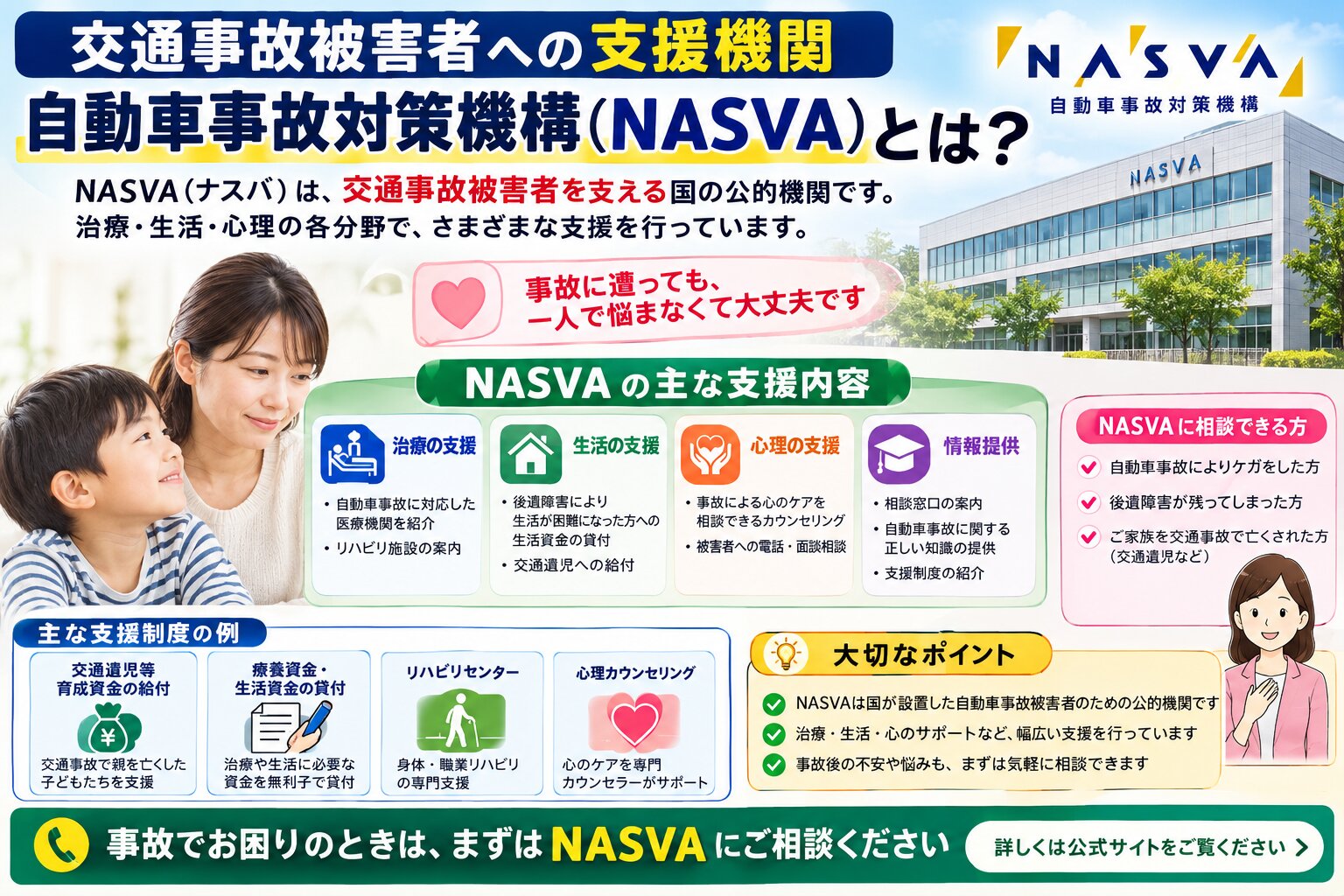 交通事故被害者への支援機関「自動車事故対策機構（NASVA）」とは？受けられる支援内容をわかりやすく解説