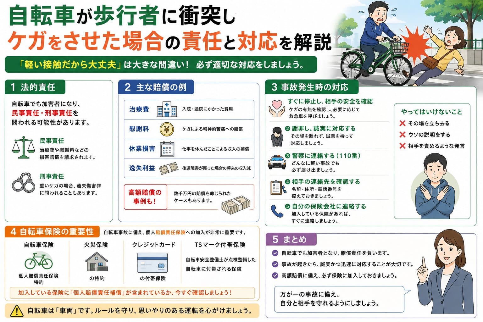 自転車が歩行者に衝突してケガをさせたら？責任・賠償・保険と事故後の対応を解説