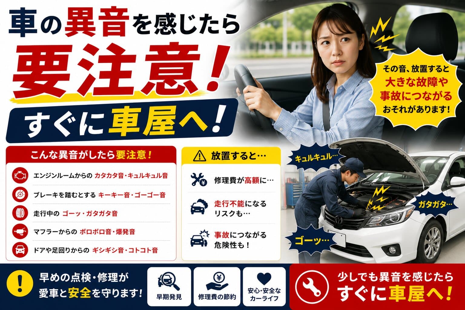 車の異音を感じたら要注意！すぐに車屋へ