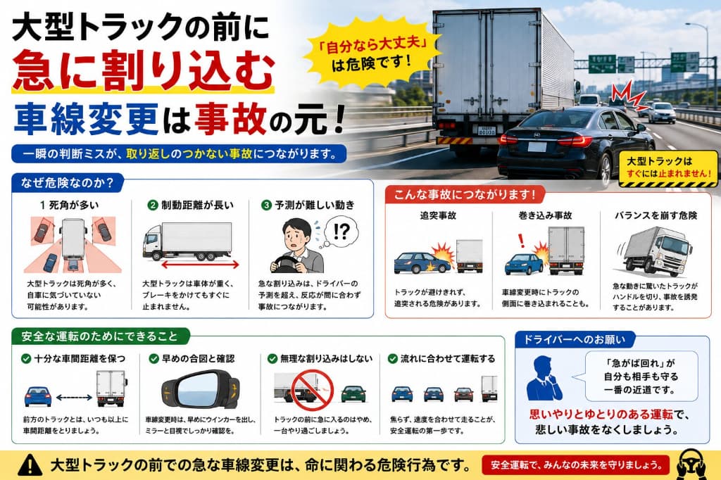 大型トラックの前への急な割り込みは危険！車線変更事故の原因と安全な入り方を解説