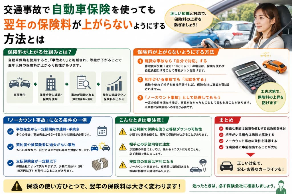 交通事故で保険を使うと保険料はいくら上がる？等級を下げないケースと判断方法を解説