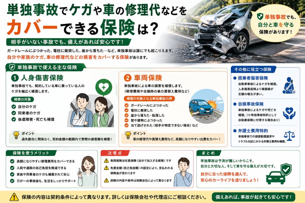 単独事故ではどの保険が使える？自賠責・車両保険・人身傷害と等級への影響を解説