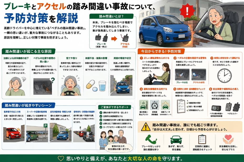 アクセルとブレーキの踏み間違い事故はなぜ起こる？原因・高齢者の特徴・防止方法を解説
