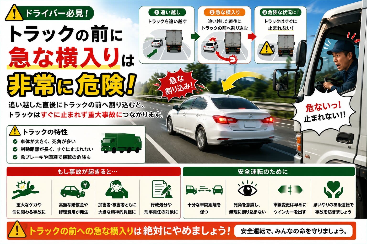 トラックの前への急な割り込みは危険！事故の原因・過失割合・正しい対処法を解説